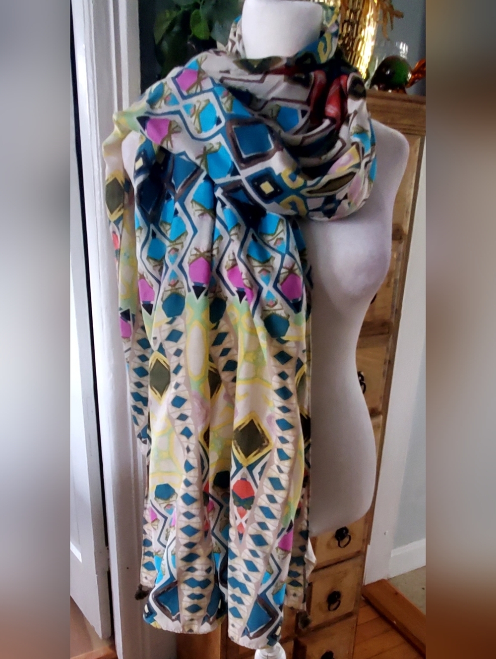 Chico's Silk Geometric Print Scarf in Teal, Aqua, Pink